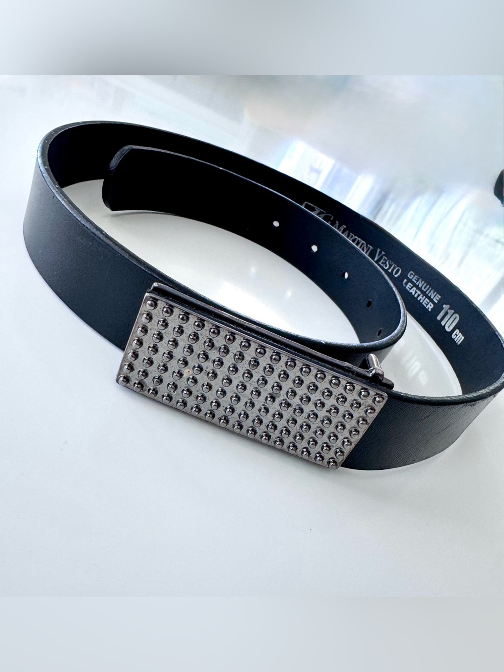 Genuine Leather Men's Black Belt with Studded Silver Buckle 110 cm